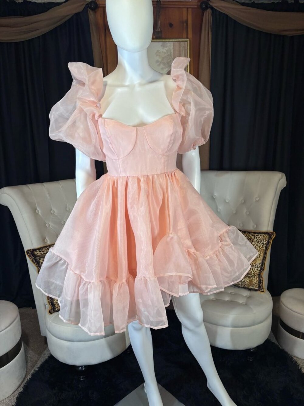 Peach Organza Puff Sleeve Princess Mini Dress